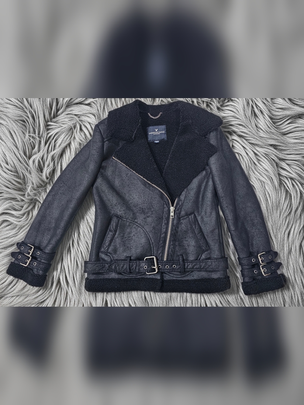 American Eagle Outfitters Black Faux-Shearling Moto Jacket